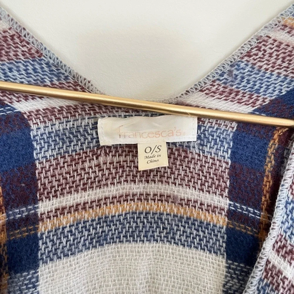 Francesca's Plaid Open Front Poncho Wrap Blue Burgundy Fringe boho  One Size OS